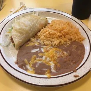 Shredded beef taco, rice &amp; beans for $7.25