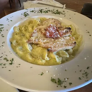 Basil pesto over tortellini with chicken