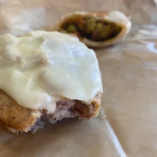 Orange almond scone and curried empanada. Gluten free is for me.
