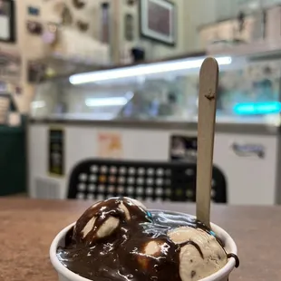 Hot fudge on top of Heath Toffee ice cream