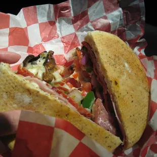 The Italian sandwich. Mushroom, pepperoni, ham, tomato, green pepper, red onions, cheese, and a whole lot of other deliciousness