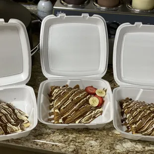 Triple chocolate crepe filled with strawberries and bananas.