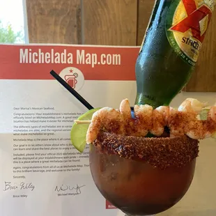 Ice cold domestic/imported beer &quot;Michelada&quot;; aka &quot;Clamato Preparado @MarisasSeafoodCocina. A delicious mexican seafood restaurant nearby