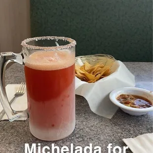 Michelada, chips &amp; salsa while I wait for my Agua Chiles