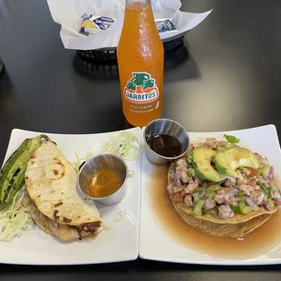 Shrimp taco and ceviche tostada.