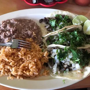 Street tacos with rice and beans. Sooo good and savory!