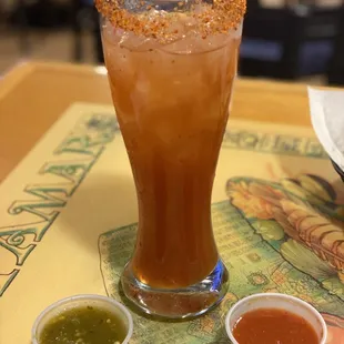 Michelada and their red and green salsa