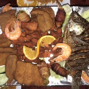 This is the Seafood Grill Platter (it's actually fried) dinner for two.  Tasted great and was huge.  Took half home.