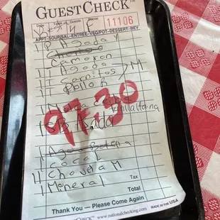 Our bill for six people.  Including beers and everyone feeling like Beyoncé.