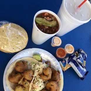 Shrimp tacos, ceviche, and limeade
