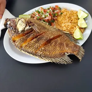 a plate of fish and rice