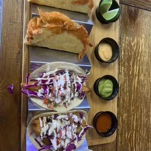 Taco Mixto (mixed).  Fish (tilapia and marlin I think) and shrimp and ceviche style shrimp.