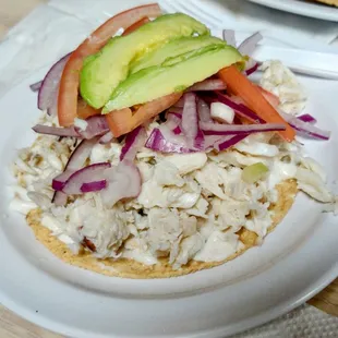 Crab meat tostada. Tasted delicious. As an appetizer, this can easily be enough for 2-3 people.