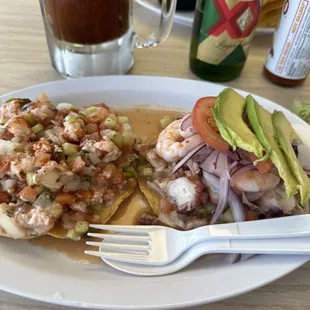 Ceviche and tostada especial.