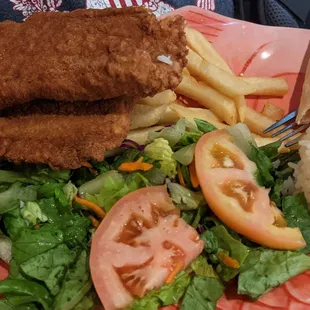 a plate of fried chicken, rice, and salad