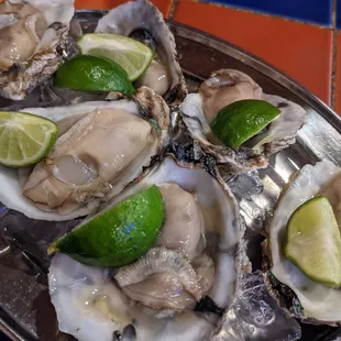 a plate of oysters with lime wedges