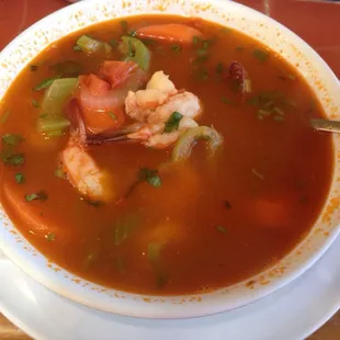 Shrimp soup, really tasty but wish the shrimp was chopped up or tails taken off atleast.