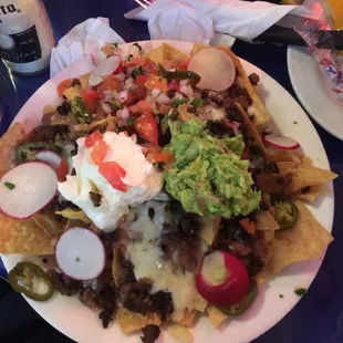 Nachos with guacamole etc