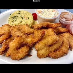 Camaron al Gusto: fried shrimp with coleslaw &amp; rice. Seven choices on how you want the shrimp prepared!