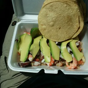 Two mixed seafood Tostadas
