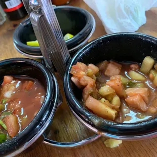 Very fresh and excellent tasting salsas. The left is a fresh pico de gallo and the right is not as spicy. It has a delicate flavor.