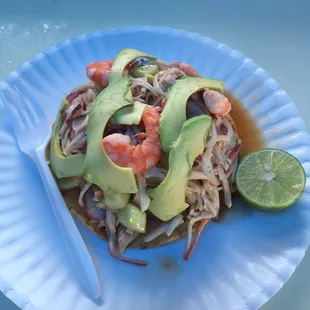 Try the New tostada CULICHE!   Jaiva,Camaron cosido, pulpo, Camaron crudo, pepino y sebolla