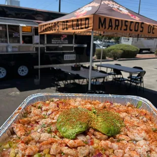 Full tray with an add on of extra cooked shrimp