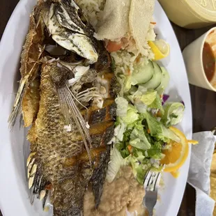 Fried whole fish , rice, beans and salad - excellent!