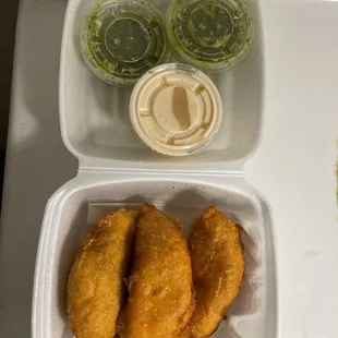 Shrimp and cheese empanadas with salsa Verde and vinegar mayo sauce