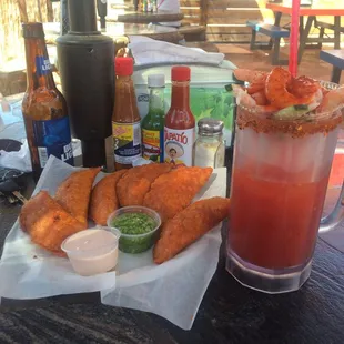 Empanadas de Camarón y Michelada Mixta. Take Beer and you are good to go!