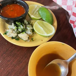 Complimentary caldo that I ate before picture and ceviche sample.