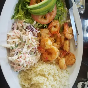 Shrimp in Garlic sauce, buttered rice, Krab salad and a green salad with avocado and tomato. This was so good!