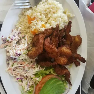 Breaded Shrimp with buttered rice, salad and Krab salad