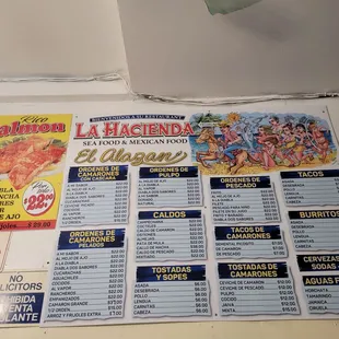 the menu of the restaurant