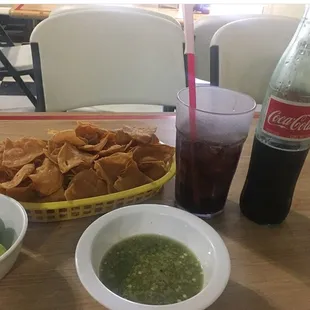 This salsa is the best, fresh chips and of course a tasty Coke.