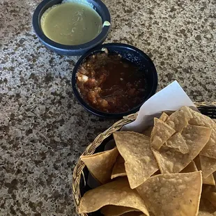 Chips and salsa Green salsa sucked  Red one was good