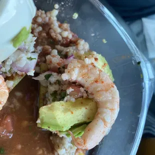 Cucumber with shrimp. The cucumber was the shell for the shrimp! So refreshing! It was amazing!!! Loved it!!!