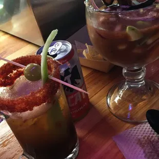 Michelada and shrimp cocktail