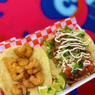 Shrimp tacos- battered and fried. Before and after