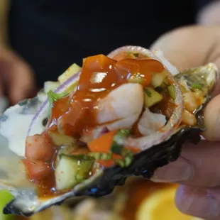 Close up of prepared oyster.  Yummy