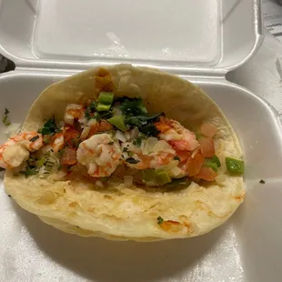 Not a typical taco de camarón. Had never had this type of tacos de camarón. Boiled shrimp.