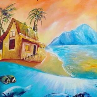 a painting of two turtles swimming in the ocean