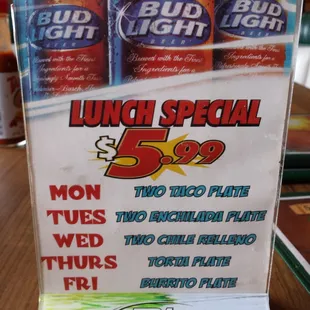 a menu for lunch special