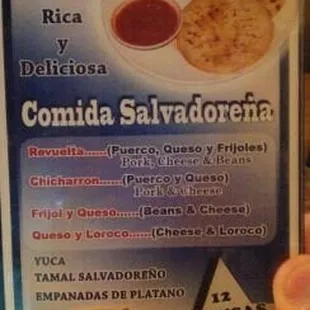 Pupusas menu. The real menu has more.