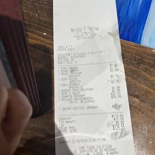 a receipt for a restaurant