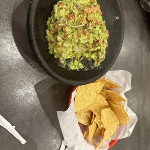 Flavorless Guacamole and hard stale chips