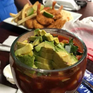 Shrimp cocktail, with fried shrimp in the background...