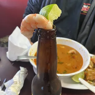 Pacifico, lime and shimp