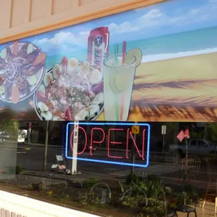 an open sign in the window