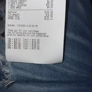 a receipt for a pair of jeans